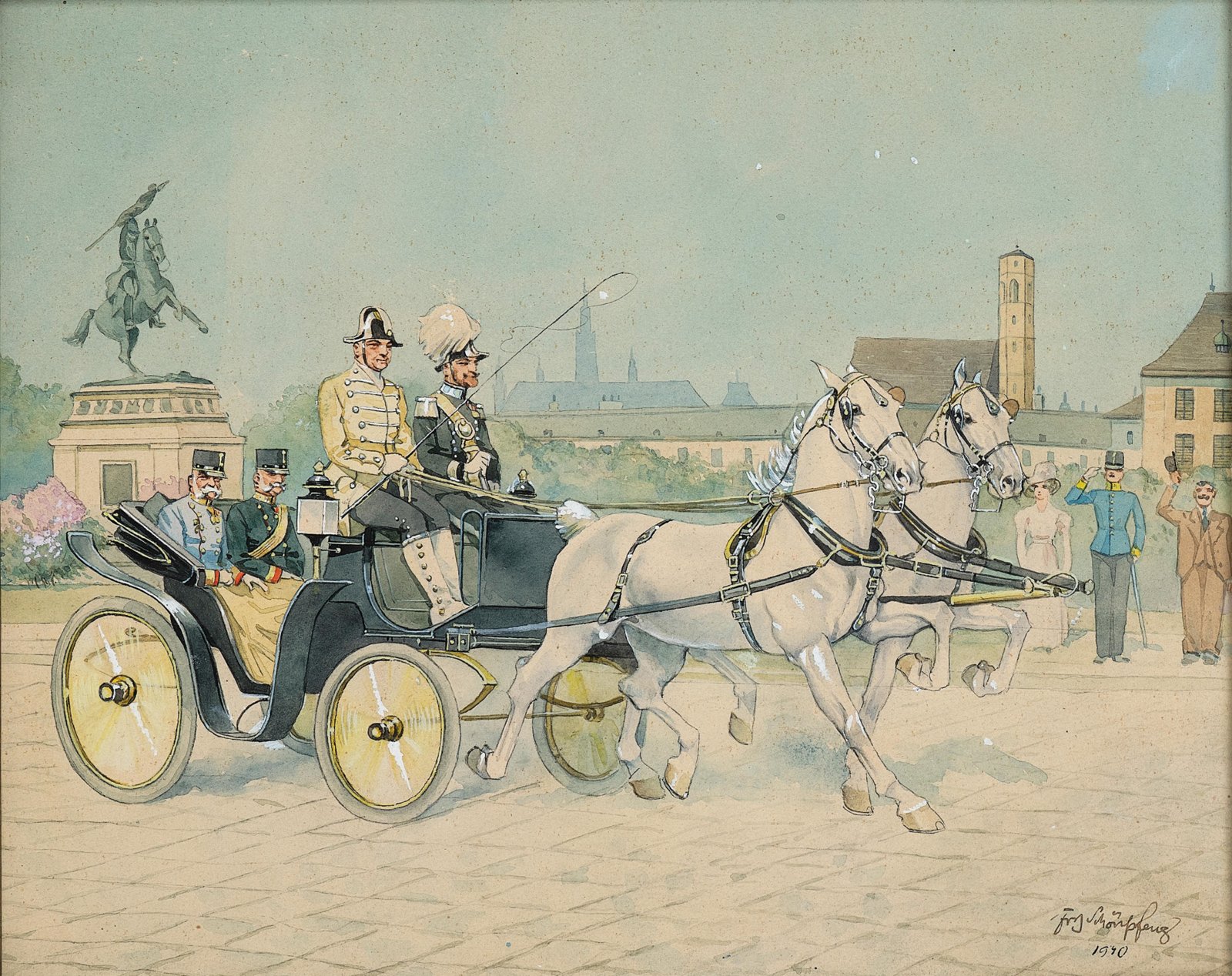 Gouache: Eine Kutsche mit weißen Pferden fährt über den Wiener Heldenplatz
