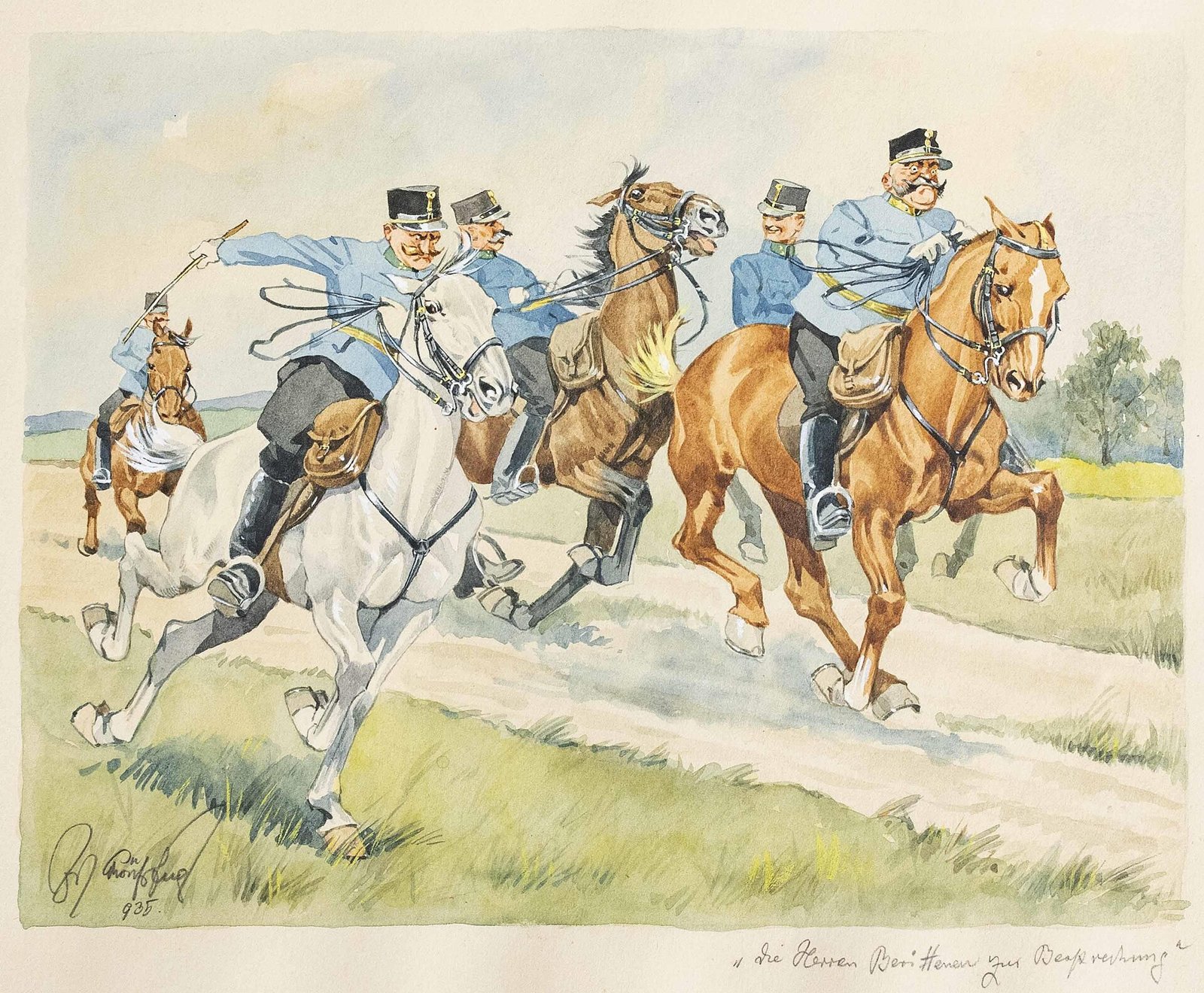 Aquarell: Berittene Offiziere galoppieren zur Besprechung