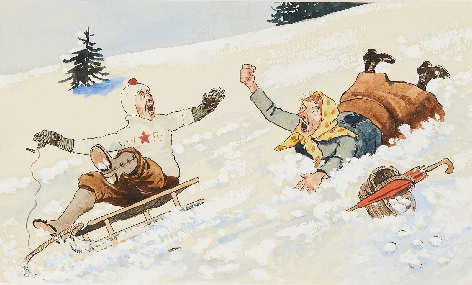 Karikatur: Zwei Rodler stürzen im Schnee, einer schüttelt die Faust
