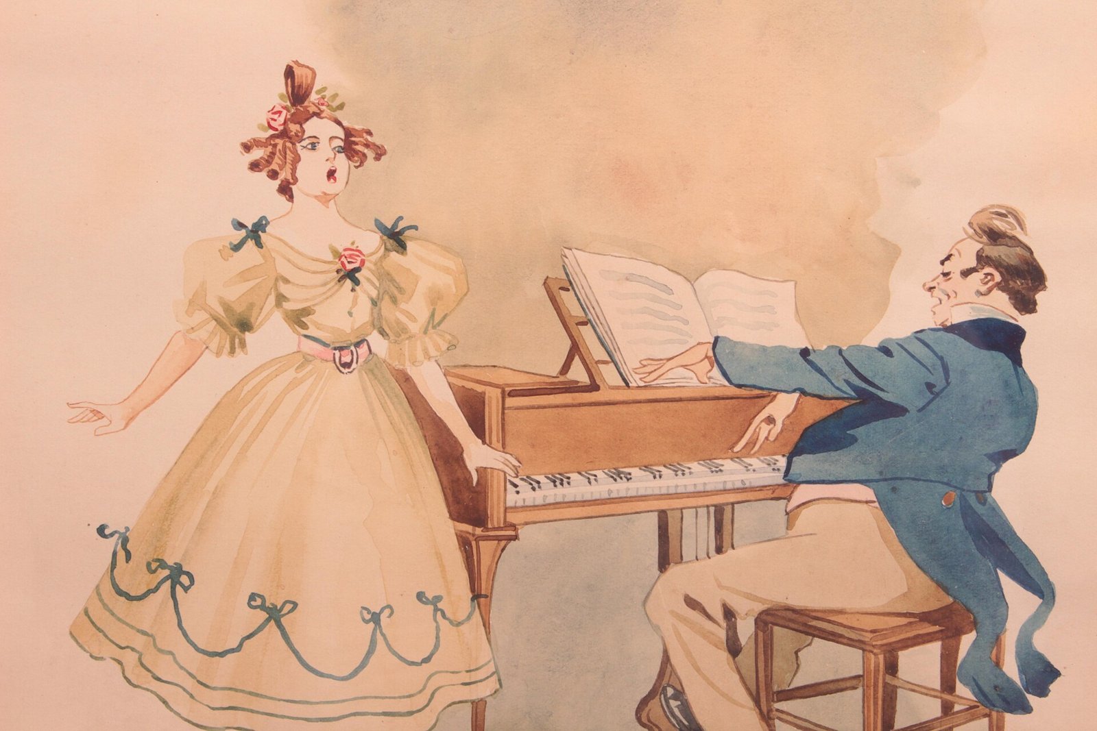 Aquarell: Eine Sängerin im Biedermeierkleid singt, ein Pianist begleitet sie am Klavier