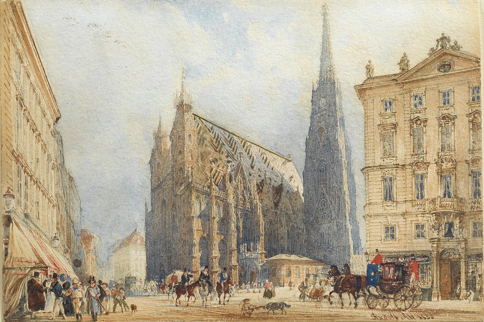 Aquarell: Der Stephansdom und der Stephansplatz mit Kutsche, Reitern und Passanten
