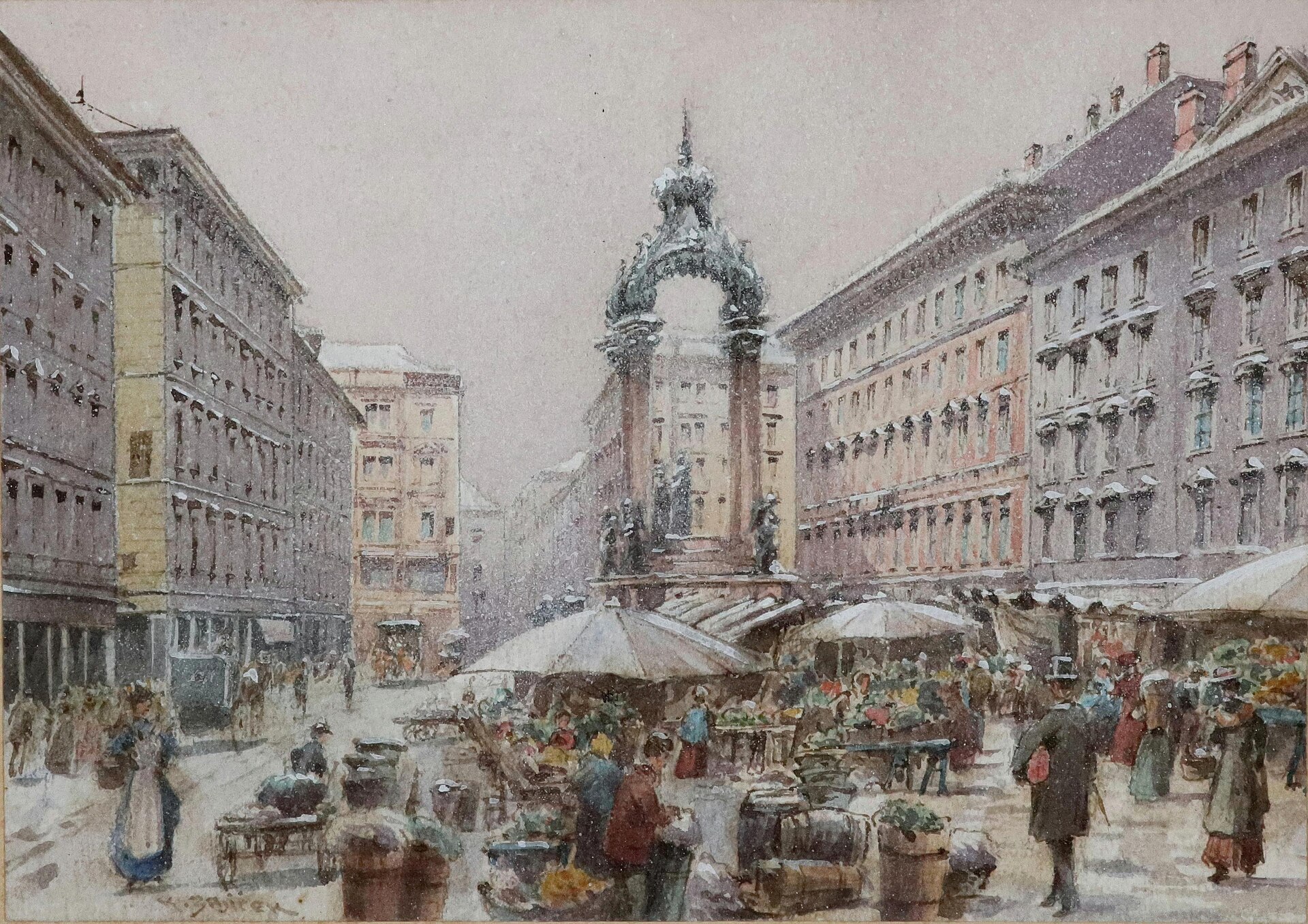 Aquarell: Markttreiben am Hohen Markt in Wien im Schnee, mit Brunnen