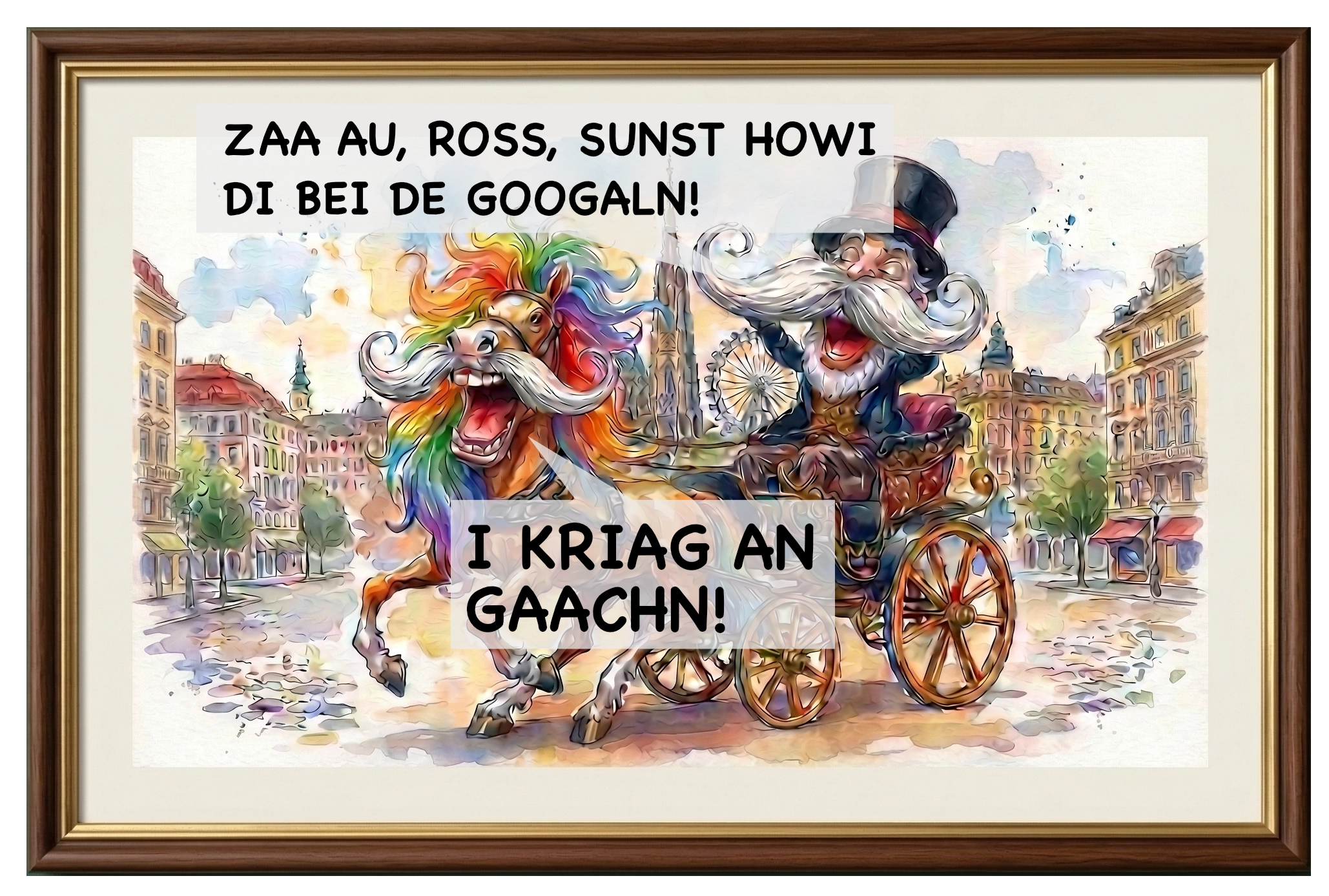 Gerahmtes Aquarell: Ein Wiener mit Zylinder und Riesenschnurrbart lenkt einen Fiaker, das Pferd mit Regenbogenmähne – Sprechblasen: „Zaa au, Ross, sunst howi di bei de Googaln!“ – „I kriag an Gaachn!“